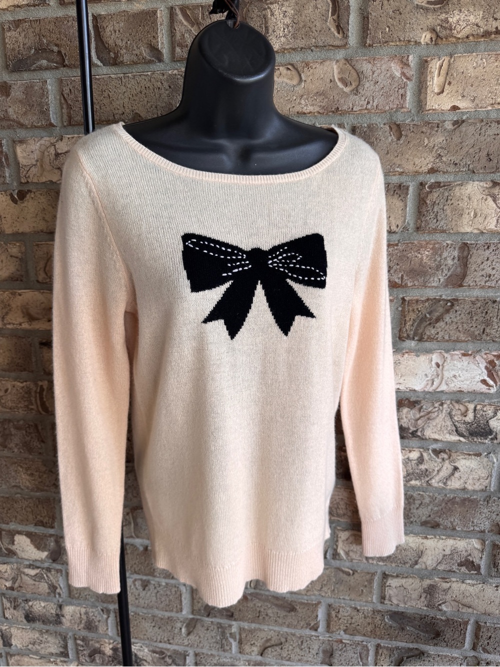 Halogen Wool Cashmere Blend Bow Intarsia Sweater Blush Pink Black Size SP - Picture 2 of 11
